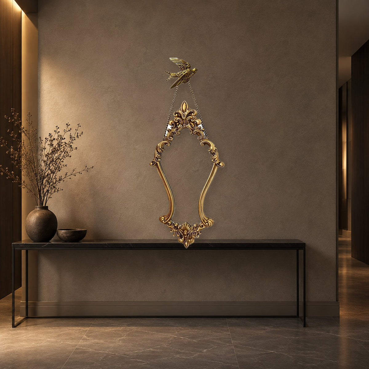 Antique Gold Baroque Wall Mirror With Hanging Chain