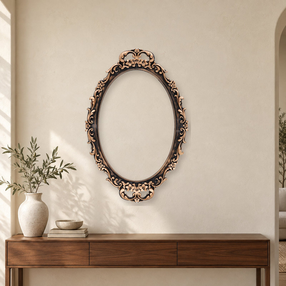 Vintage Bronze Oval Wall Mirror and Tabletop Tray