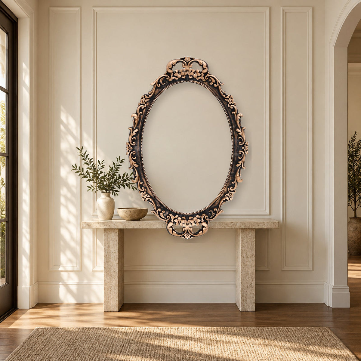Vintage Bronze Oval Wall Mirror and Tabletop Tray