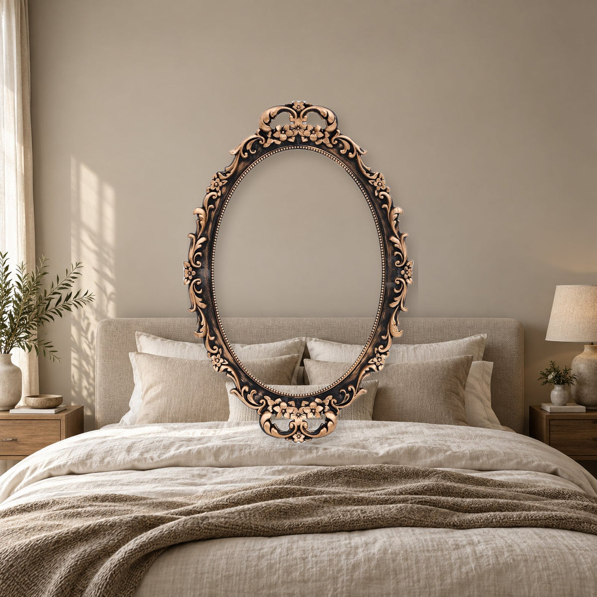 Vintage Bronze Oval Wall Mirror and Tabletop Tray