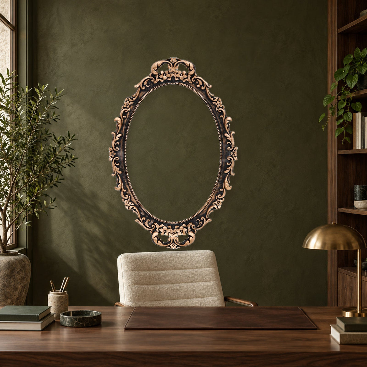 Vintage Bronze Oval Wall Mirror and Tabletop Tray