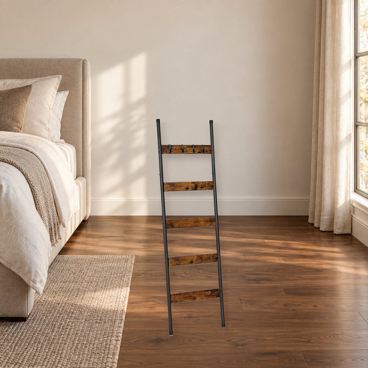 Five-Tier Blanket Ladder With Hooks for Decorative Storage