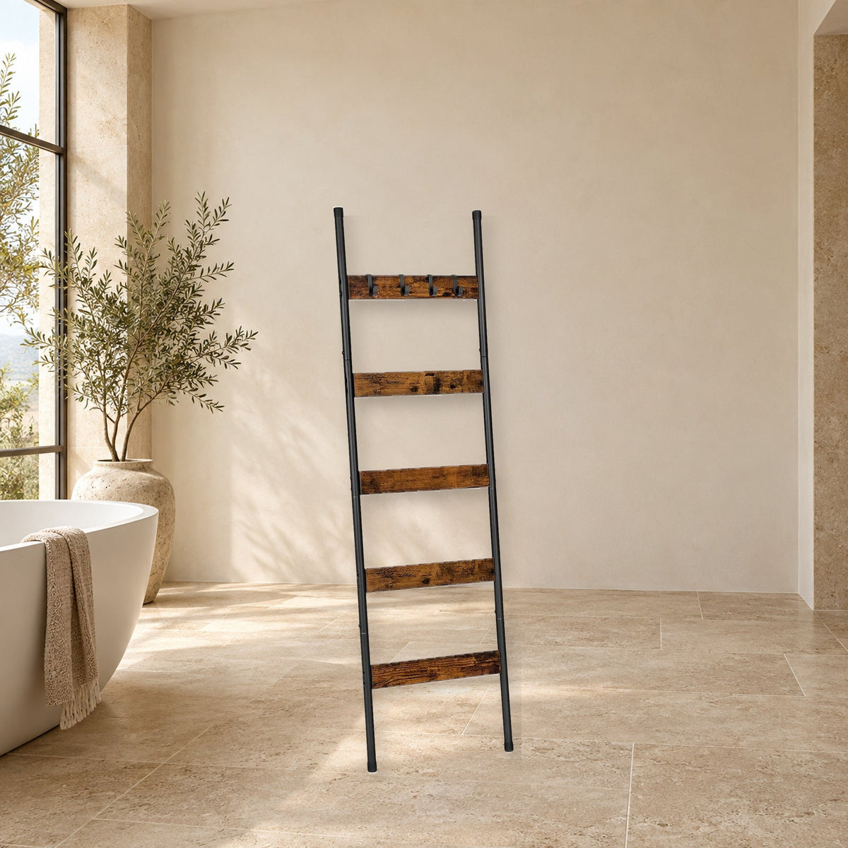 Five-Tier Blanket Ladder With Hooks for Decorative Storage