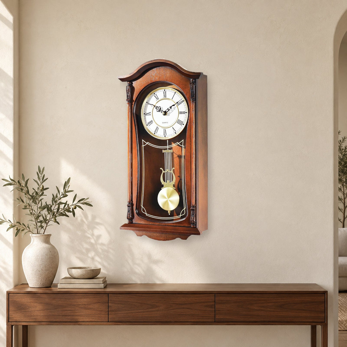22-Inch Vintage Wooden Pendulum Wall Clock With Chime