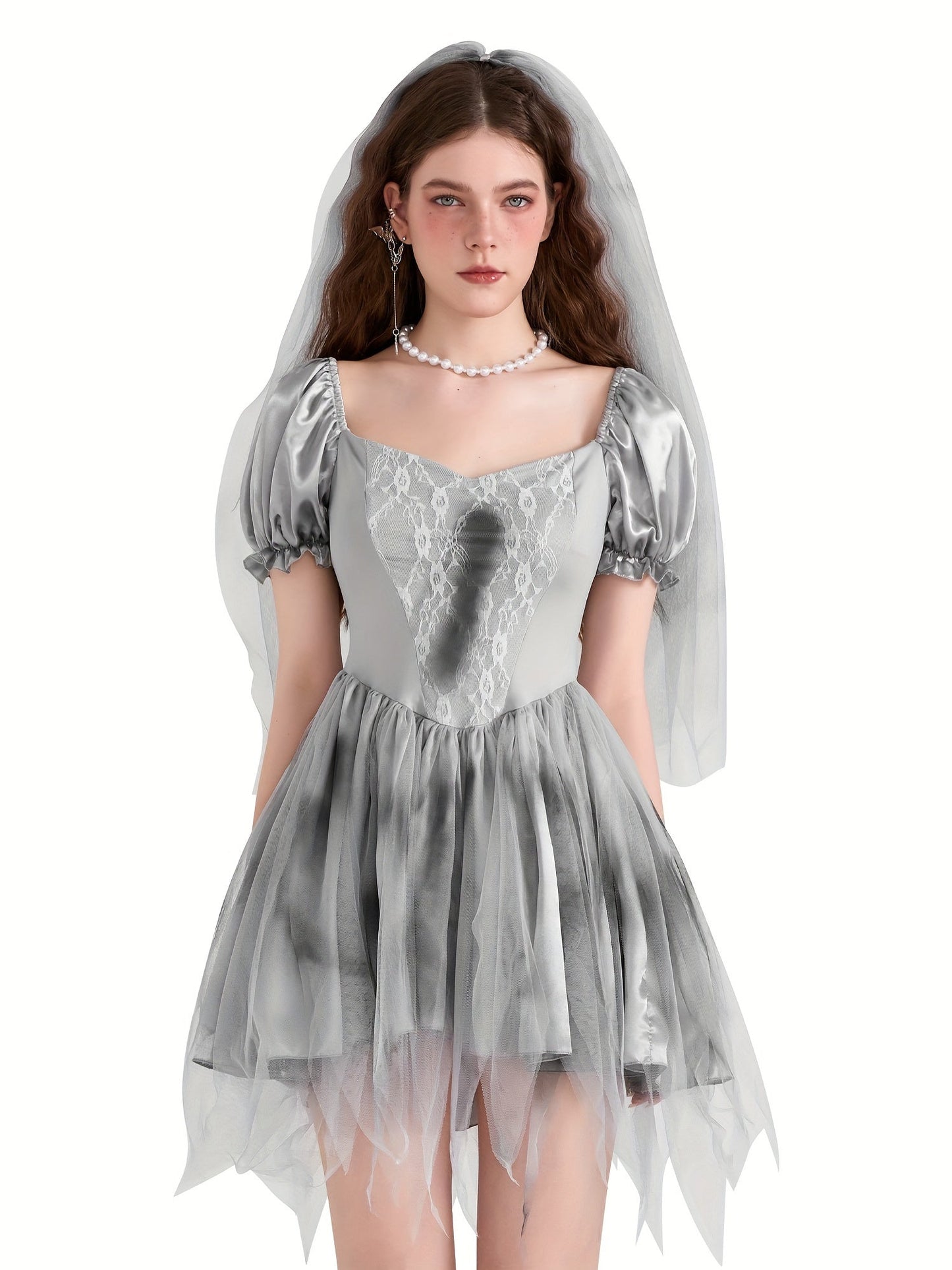 Women Gothic Puff Sleeve Halloween Corpse Bride Costume Dress | Mini