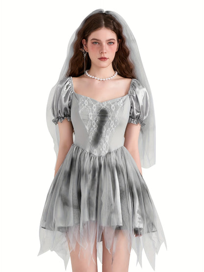 Women Gothic Puff Sleeve Halloween Corpse Bride Costume Dress | Mini