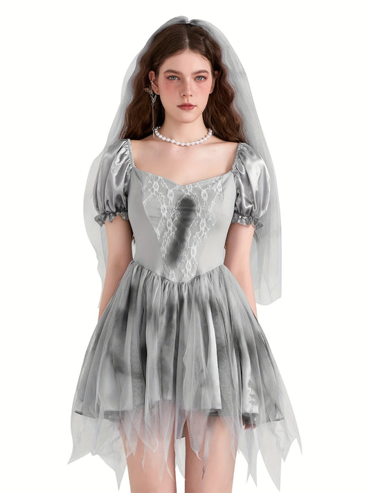 Women Gothic Puff Sleeve Halloween Corpse Bride Costume Dress | Mini