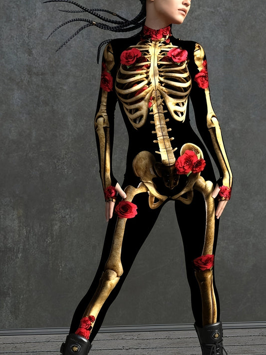 Women Skeleton Print Halloween Costume Jumpsuit | Long Sleeve Stretchy