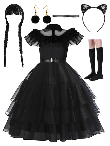 Women’s Gothic Layered Halloween Costume Dress Set | Ruffle Midi