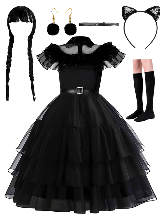 Women’s Gothic Layered Halloween Costume Dress Set | Ruffle Midi