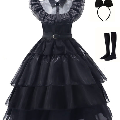 Women’s Gothic Ruffle Halloween Movie Costume Dress | Layered Midi Set