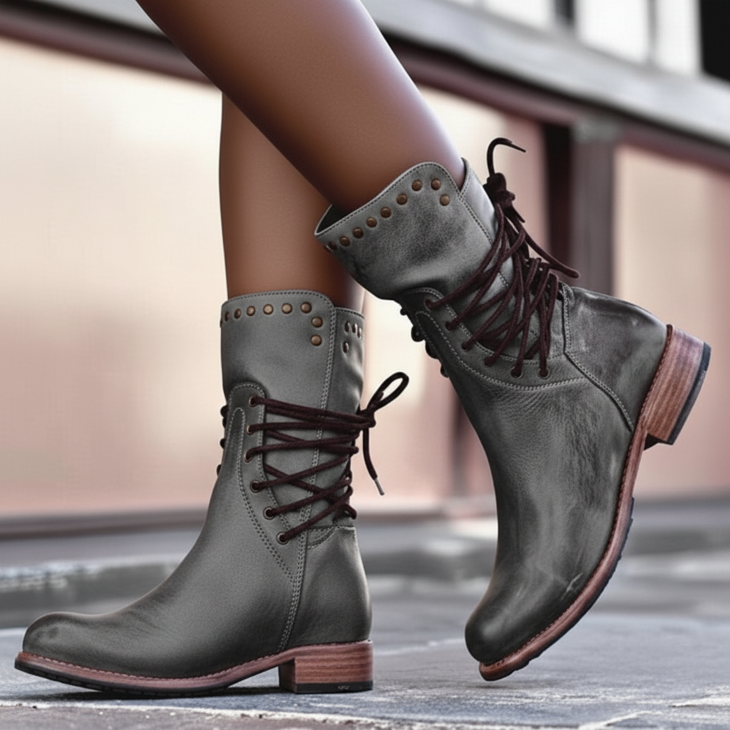 Women's Classic Vintage Calf Boots - Brown PU Leather Mid-Calf Cowboy Style Footwear