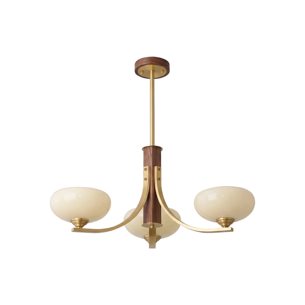 Three-Arm Walnut & Brass Chandelier with Beige Glass Shades