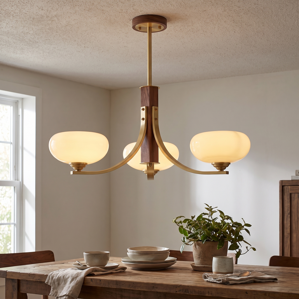 Three-Arm Walnut & Brass Chandelier with Beige Glass Shades