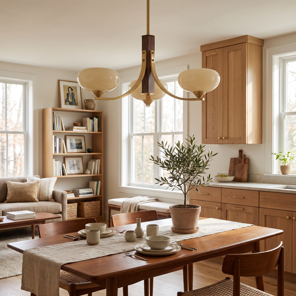 Three-Arm Walnut & Brass Chandelier with Beige Glass Shades