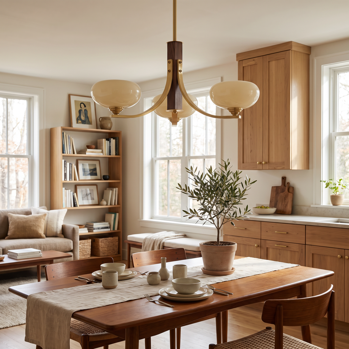 Three-Arm Walnut & Brass Chandelier with Beige Glass Shades