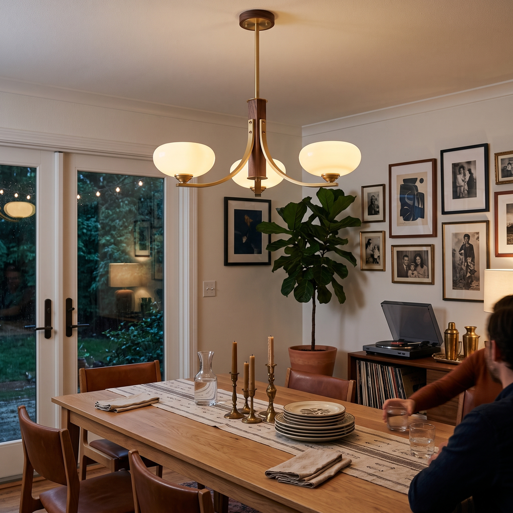 Three-Arm Walnut & Brass Chandelier with Beige Glass Shades