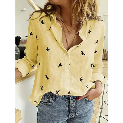 Breathable Cotton Linen Shirt – Long Sleeve Button-Down Blouse with Lapel Design for Everyday Elegance