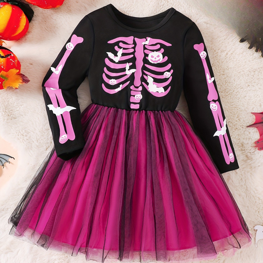 Girls Long Sleeve Halloween Skeleton Costume Dress | Tulle Mini