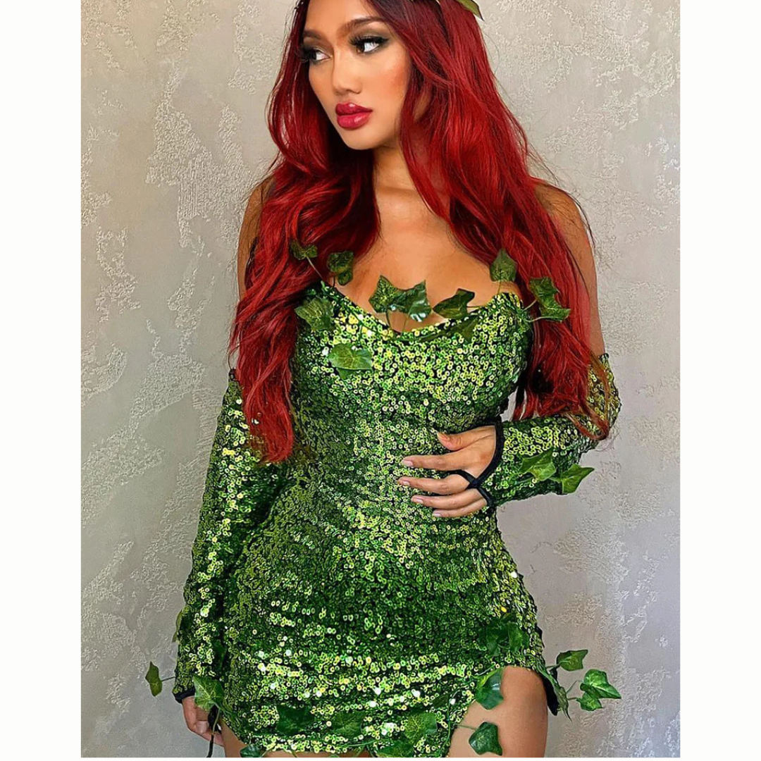 Women Sequin Leaf Halloween Costume Dress |   Strapless Mini