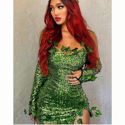 Women Sequin Leaf Halloween Costume Dress |   Strapless Mini