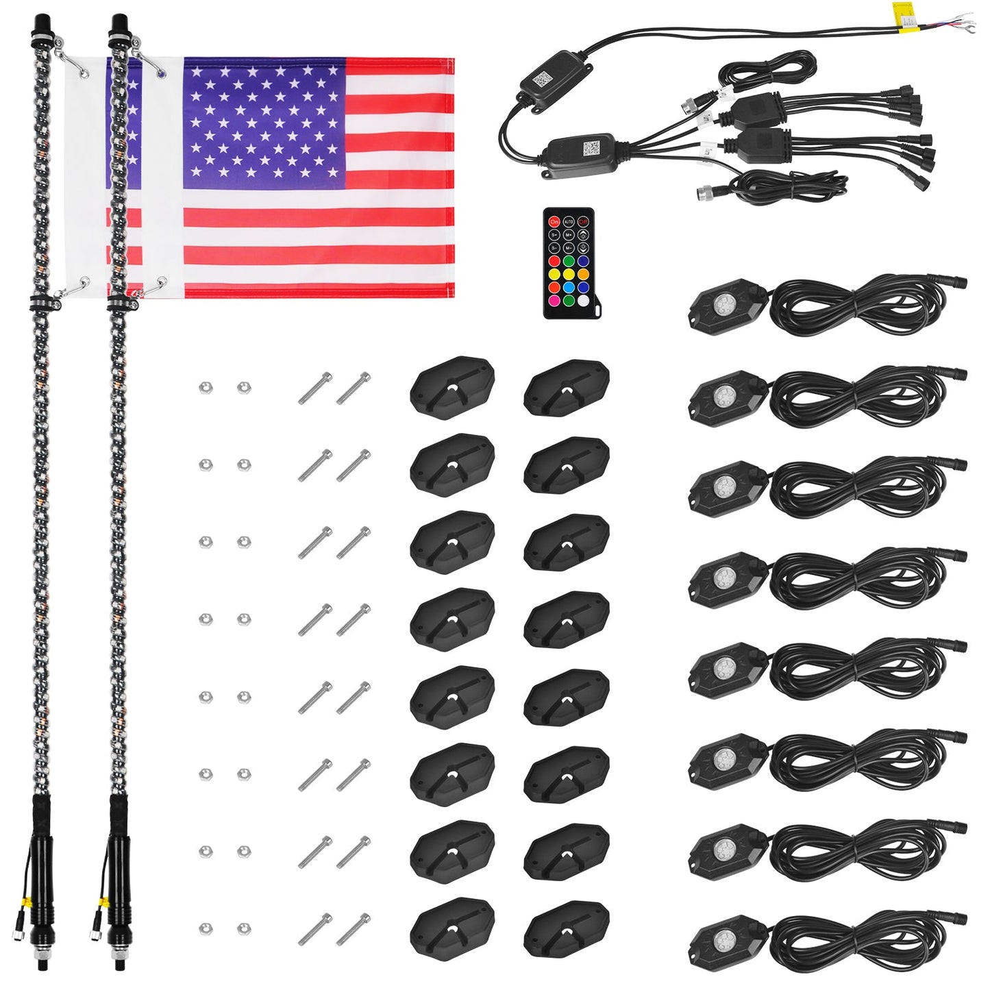 2Pcs 3/4 FT Sprial Chase RGB Whip Lights and 8 Rock Lights Cambo