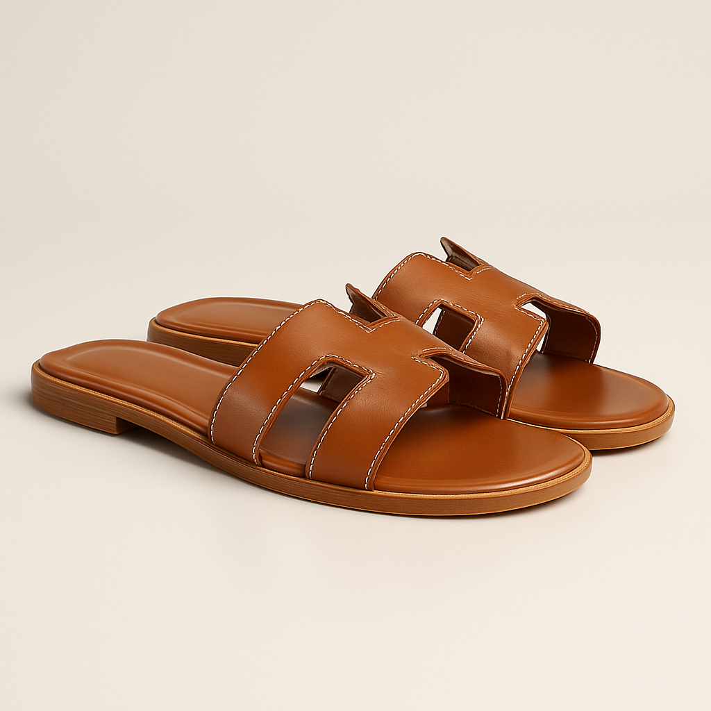 Leather Flat Sandals with Cut Out Strap
