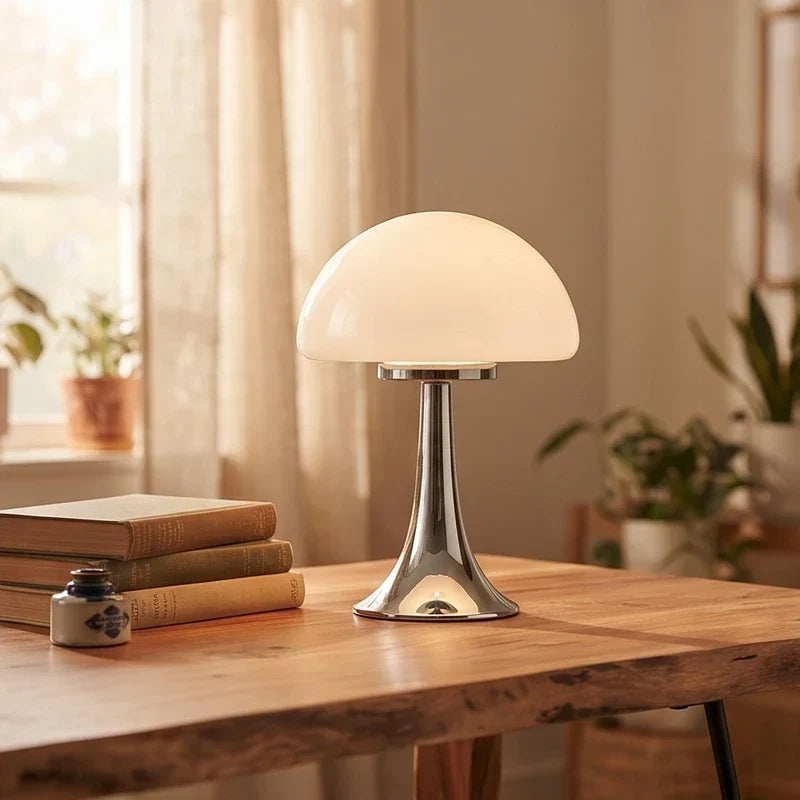 Mushroom Table Lamp, Glass Dome Shade – Touch Dimmable USB Bedside Lamp