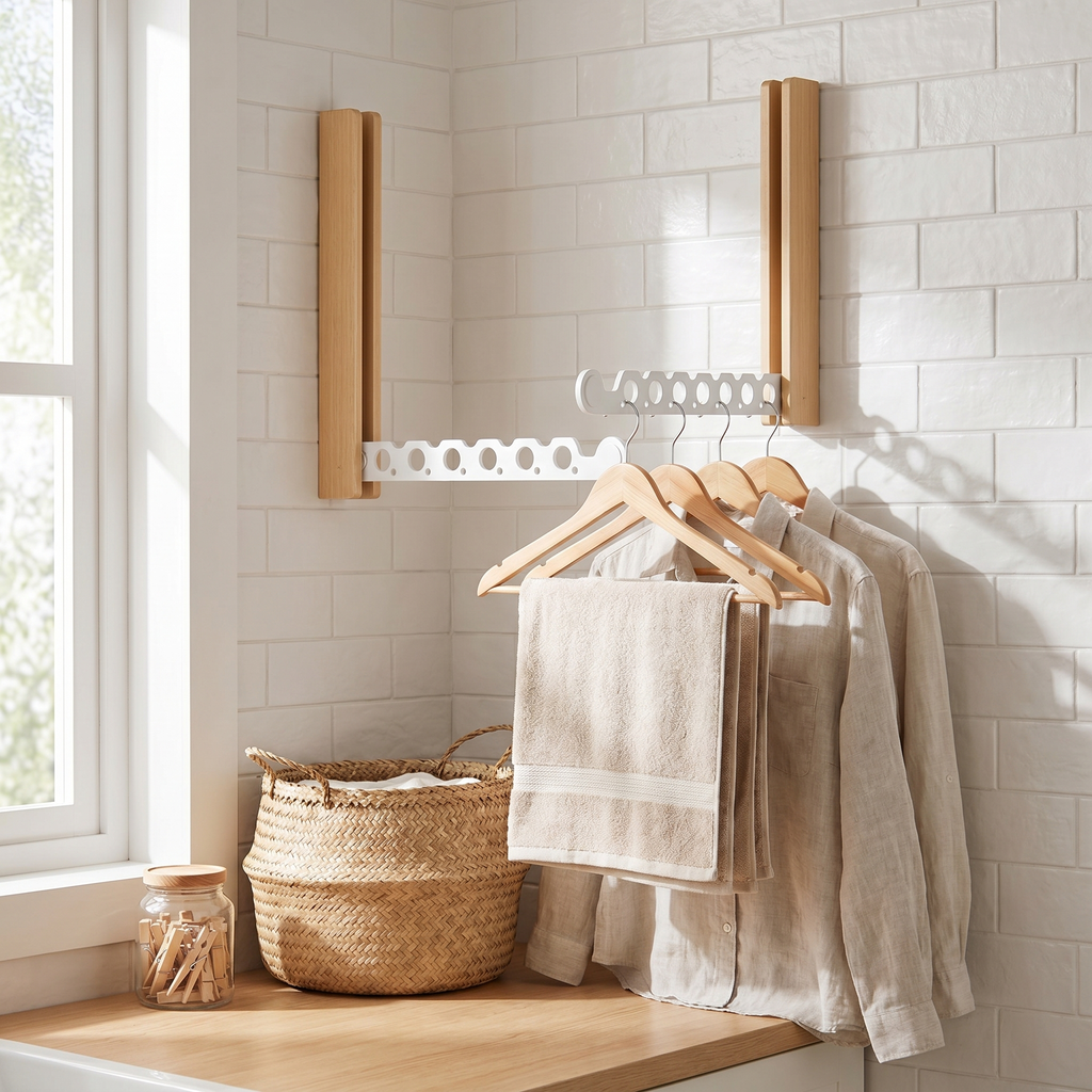 Folding Timber Clothes Rail – Wall-Mounted Collapsible Hanger Rack