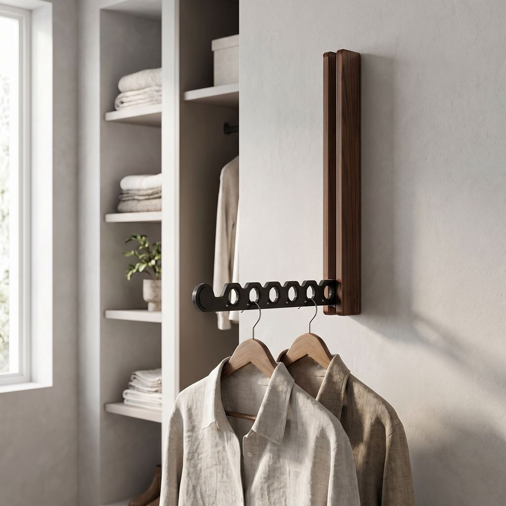 Folding Timber Clothes Rail – Wall-Mounted Collapsible Hanger Rack