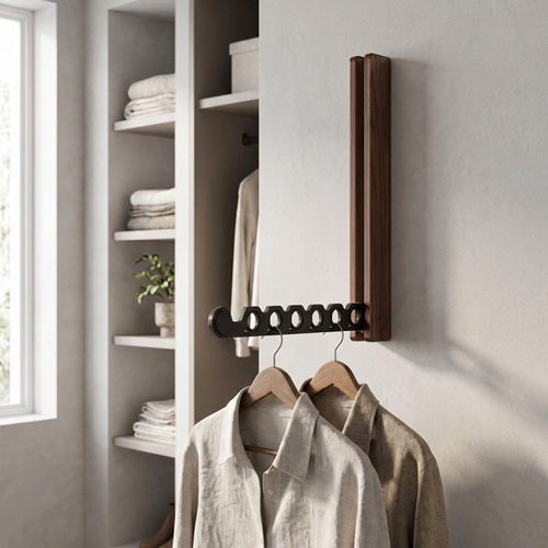 Folding Timber Clothes Rail – Wall-Mounted Collapsible Hanger Rack