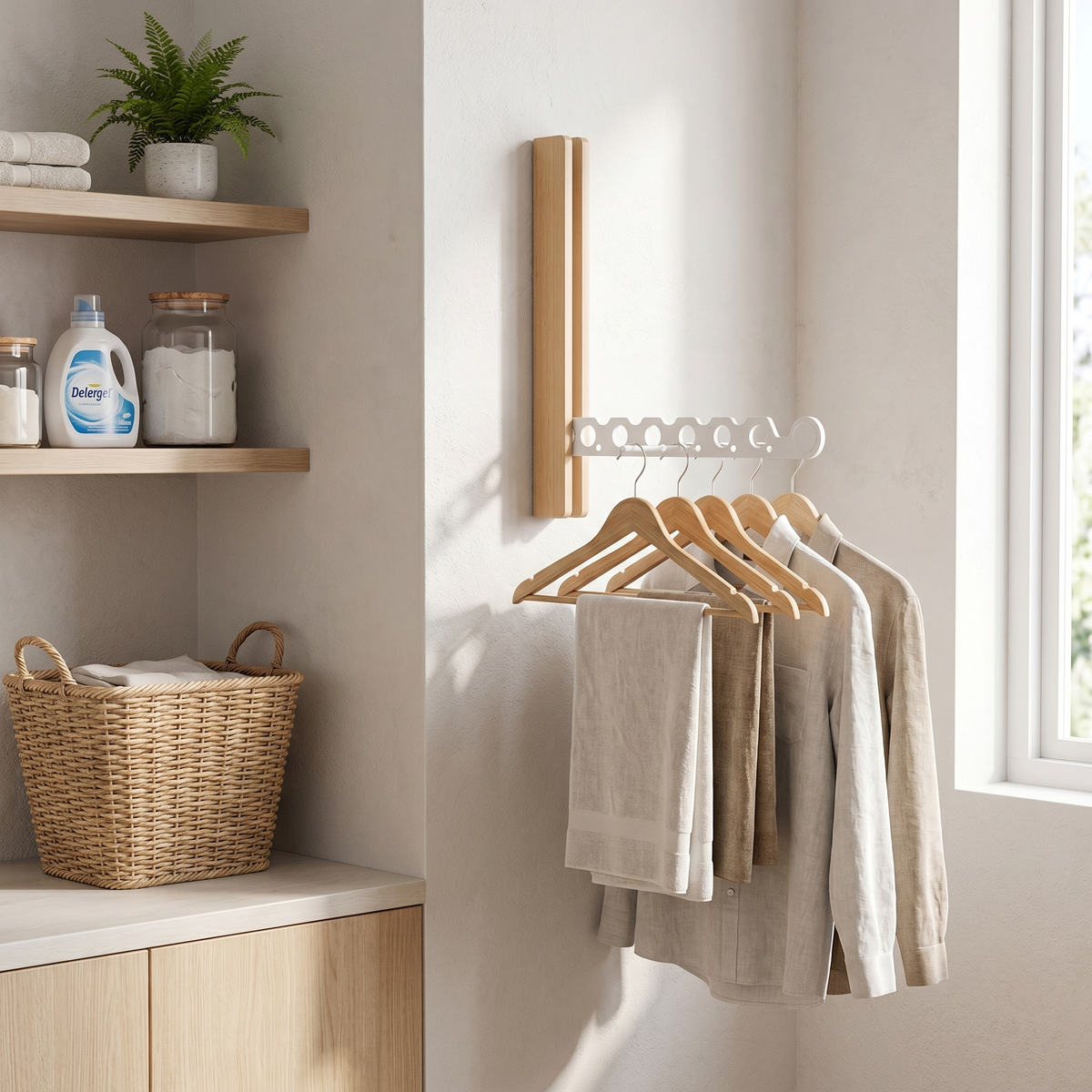 Folding Timber Clothes Rail – Wall-Mounted Collapsible Hanger Rack