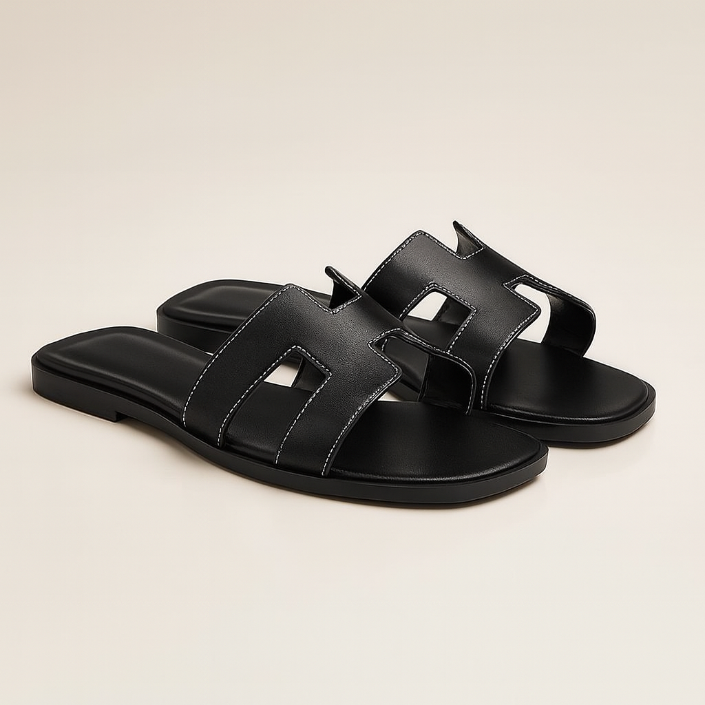Leather Flat Sandals with Cut Out Strap