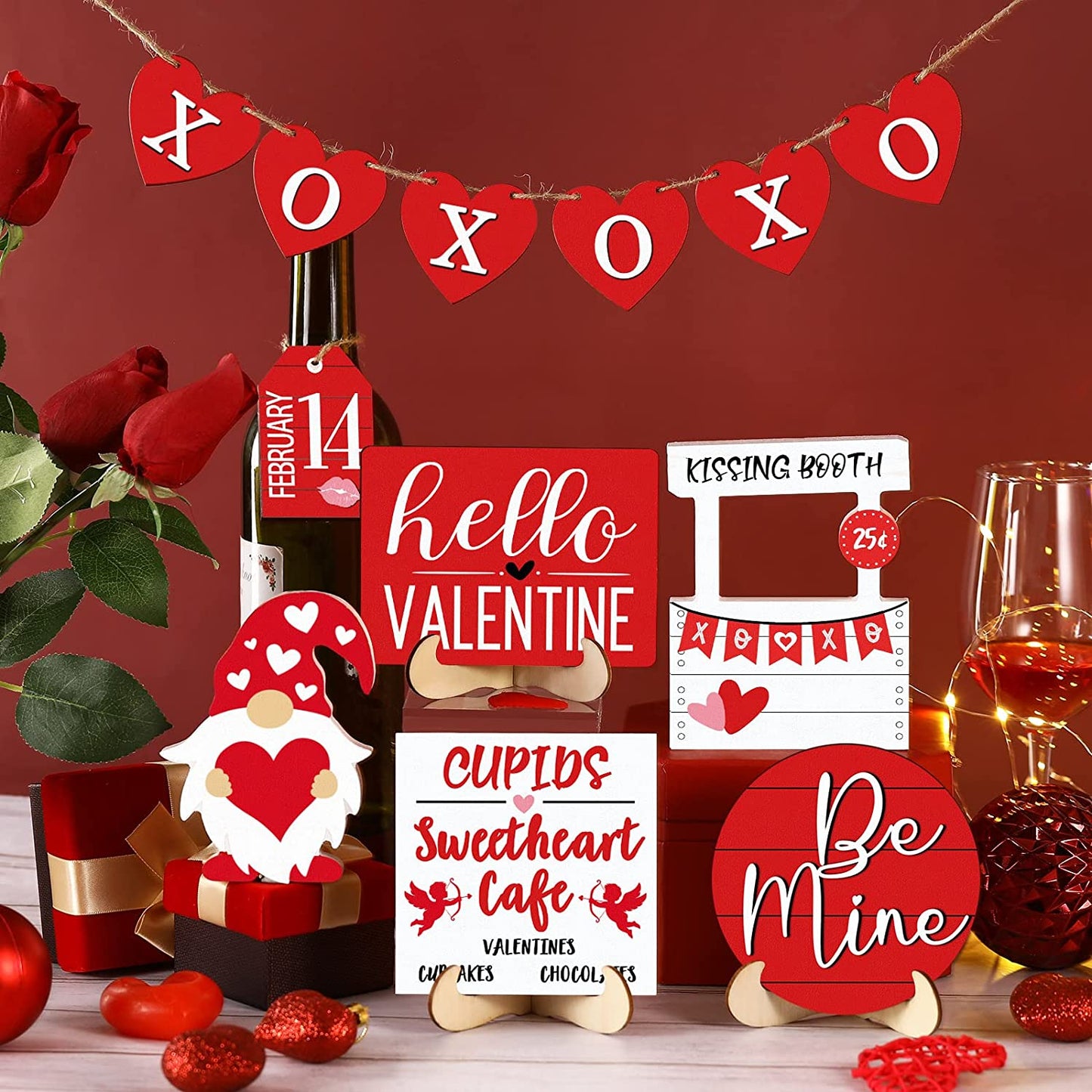 Valentine's Day Tiered Tray Decor: Table Wooden Sign Decorations 12 Pcs