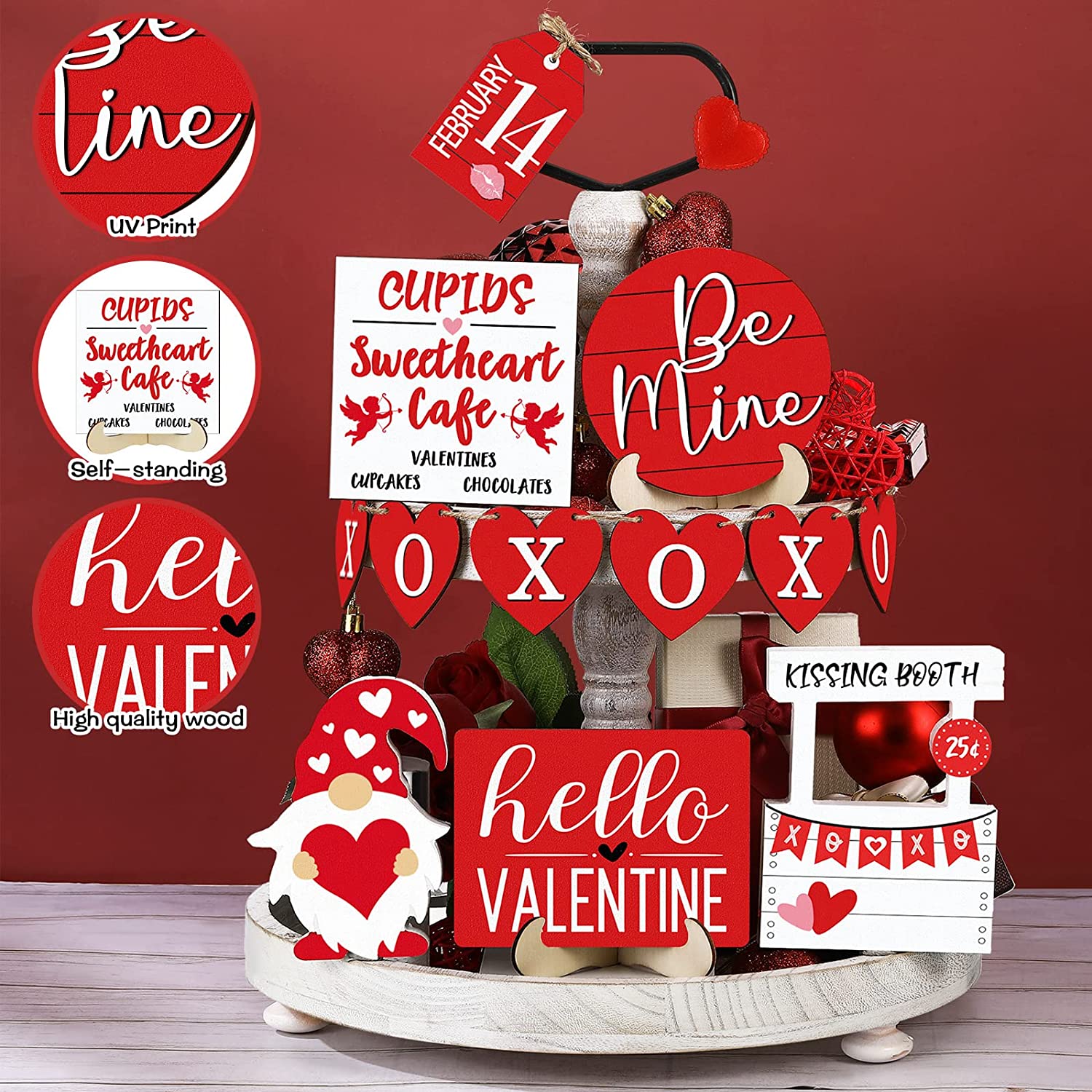Valentine's Day Tiered Tray Decor: Table Wooden Sign Decorations 12 Pcs
