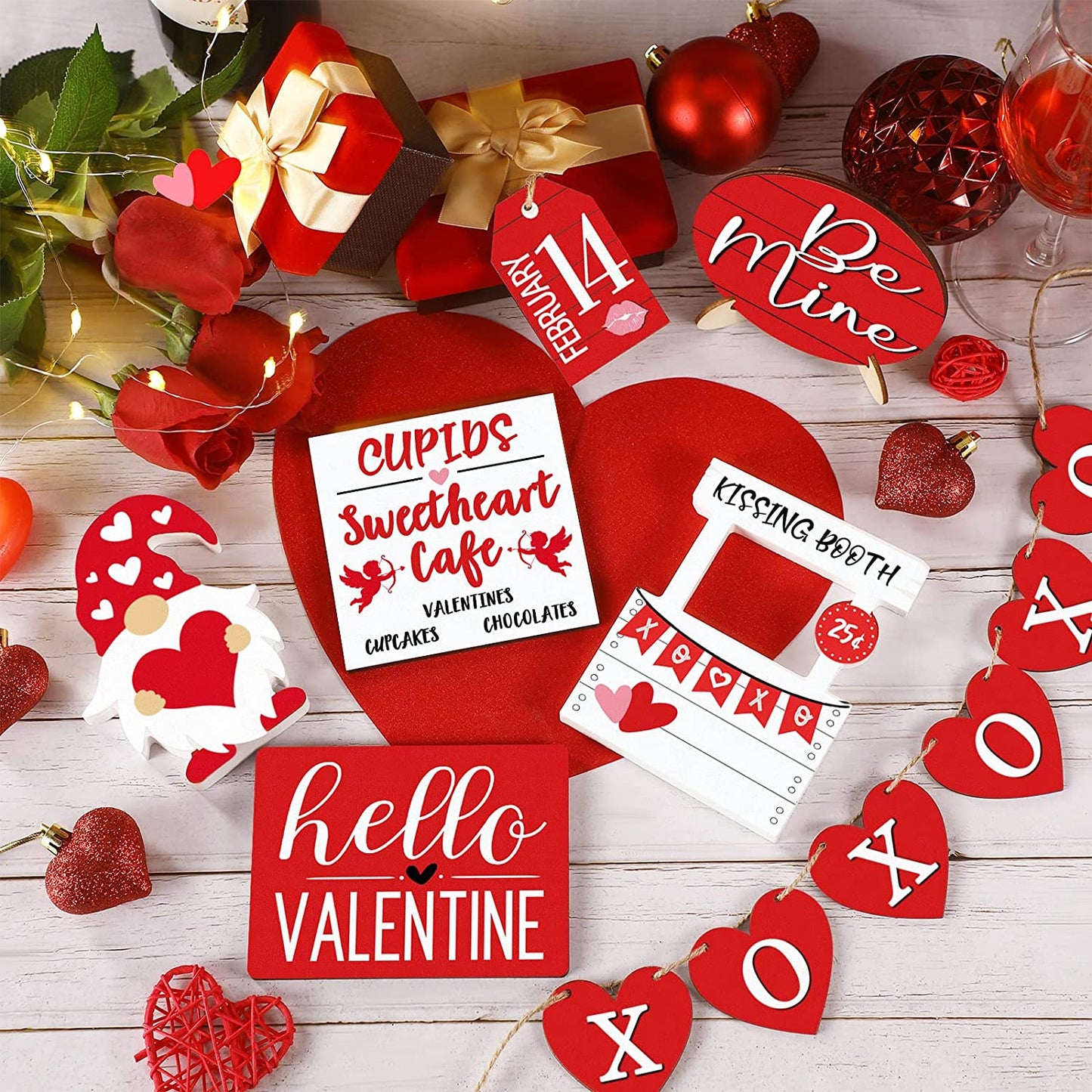Valentine's Day Tiered Tray Decor: Table Wooden Sign Decorations 12 Pcs