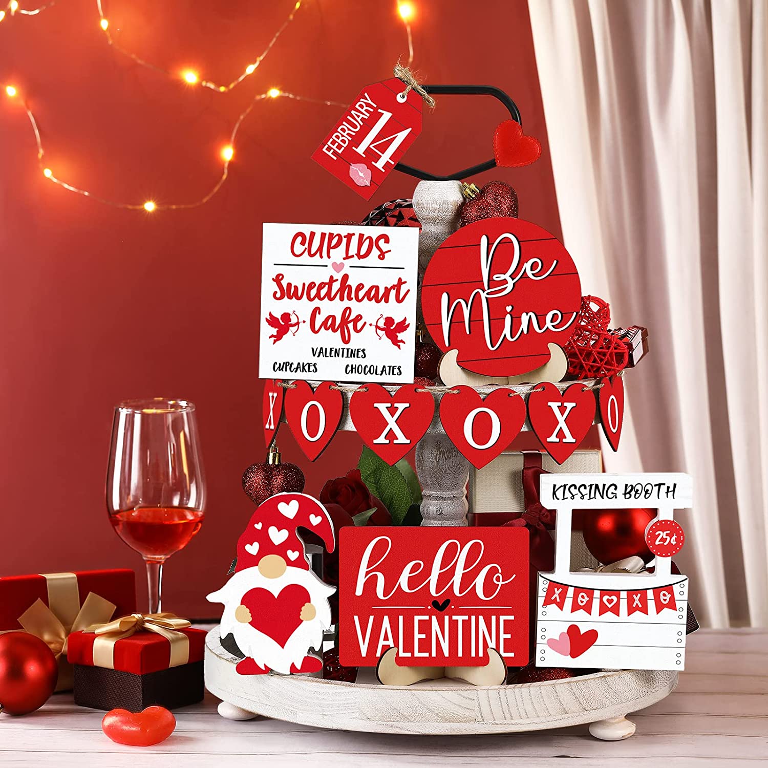 Valentine's Day Tiered Tray Decor: Table Wooden Sign Decorations 12 Pcs
